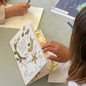 A Quadra Island Elementary School student examines an example field guide created by Hakai graphic designer Mercedes Minck.